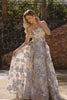 Floral Dusty Blue A Line Strapless Long Corset Prom Dress with Slit