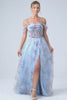A-Line Blue Printed Cold Shoulder Long Corset Prom Dress with Slit