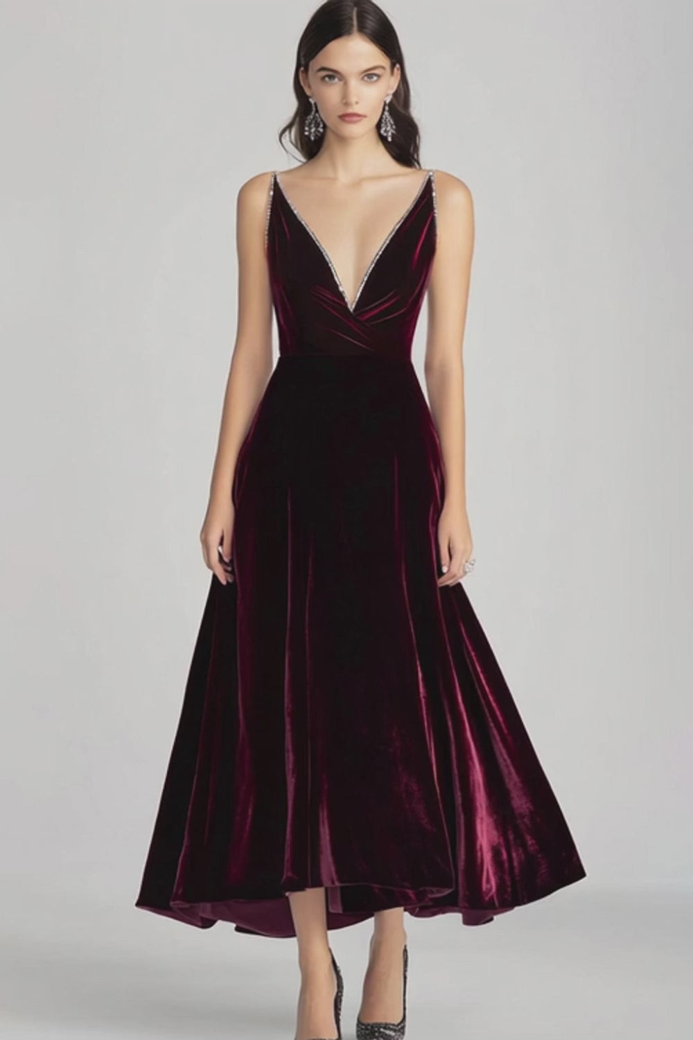 Burgundy Spaghetti Straps V Neck Velvet Formal Dress