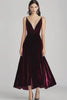 Burgundy Spaghetti Straps V Neck Velvet Formal Dress