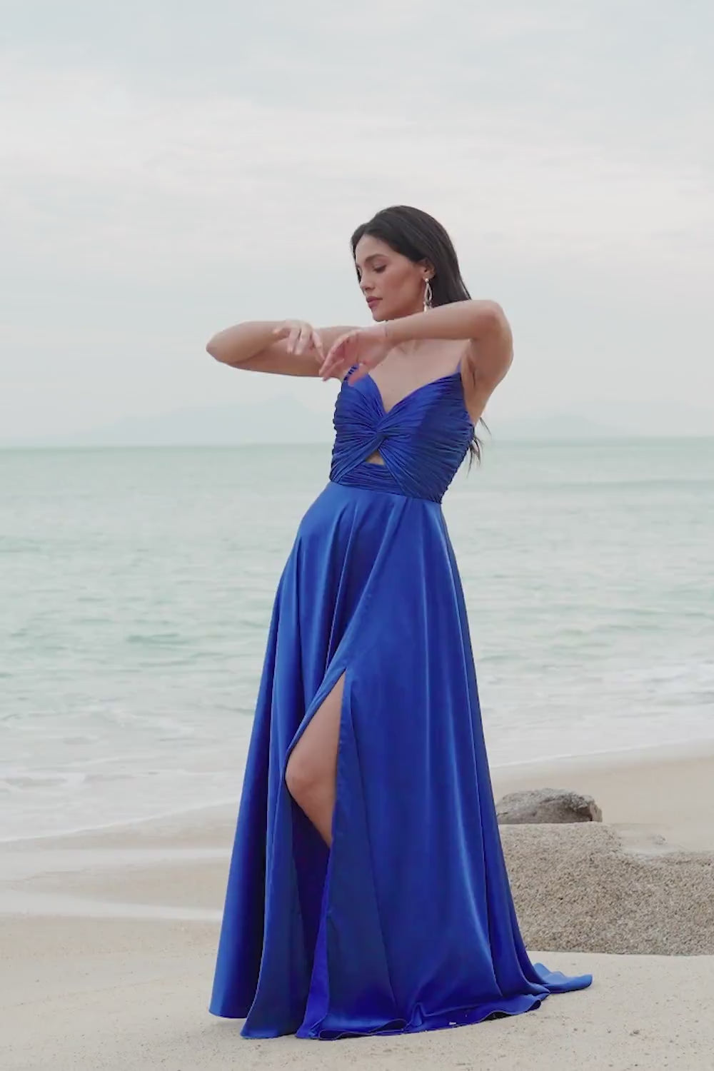 Satin Ink Blue Spaghetti Straps Long Bridesmaid Dress with Slit