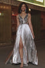 Sparkly A-Line V-Neck Silver Mirror Prom Dress with Slit