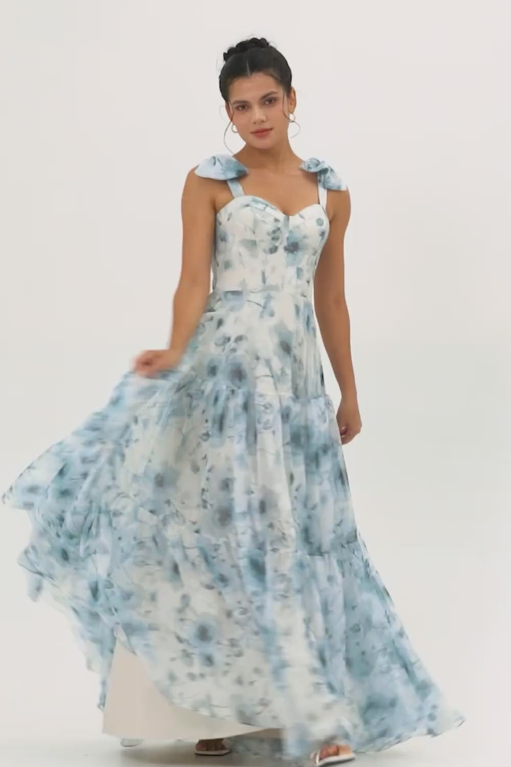 Blue A Line Floral Chiffon Long Bridesmaid Dress with Bows