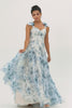 Blue A Line Floral Chiffon Long Bridesmaid Dress with Bows