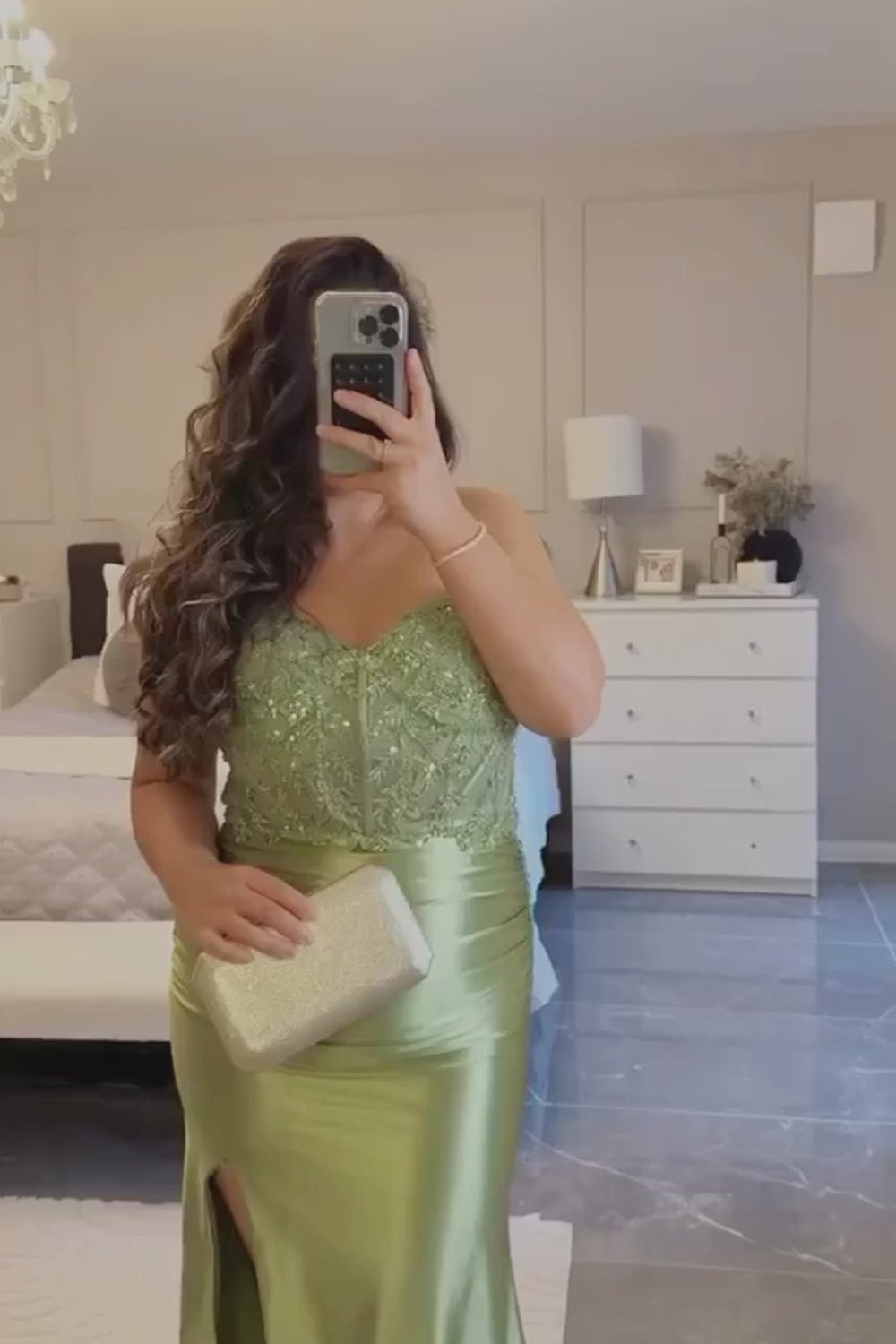 Mermaid Sage Spaghetti Straps Lace-up Back Prom Dress With Slit