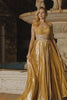Sparkly Golden Metallic Beaded A Line Long Corset Prom Dress with Slit