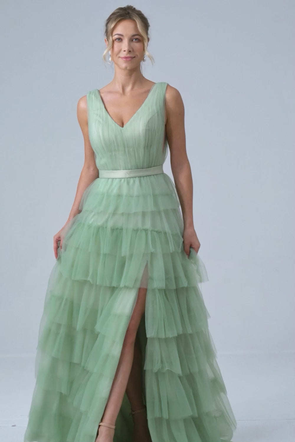 Green Tiered A Line V-Neck Tulle Long Prom Dress with Slit