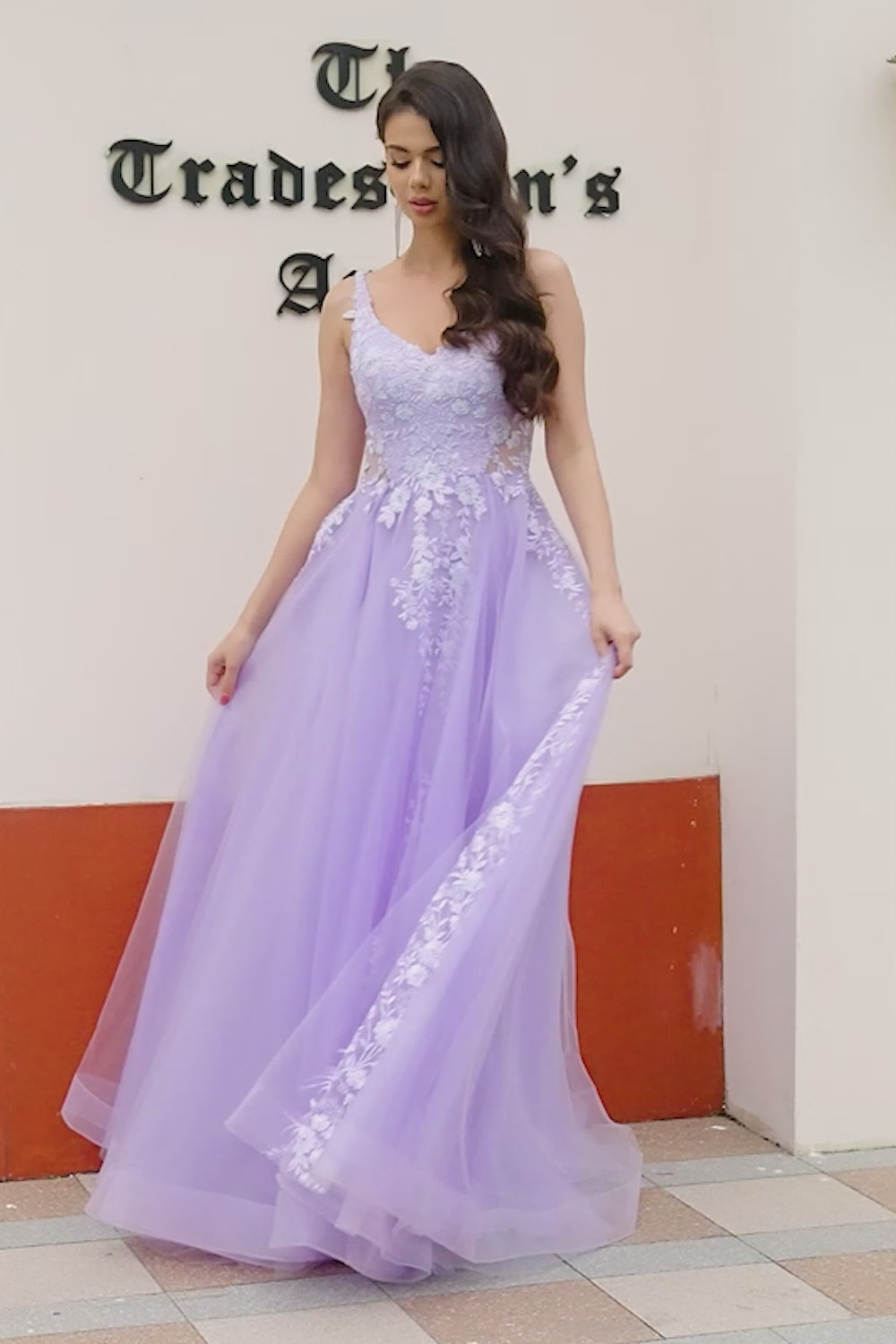 Lilac A-Line Spaghetti Straps Tulle Long Prom Dress with Appliques