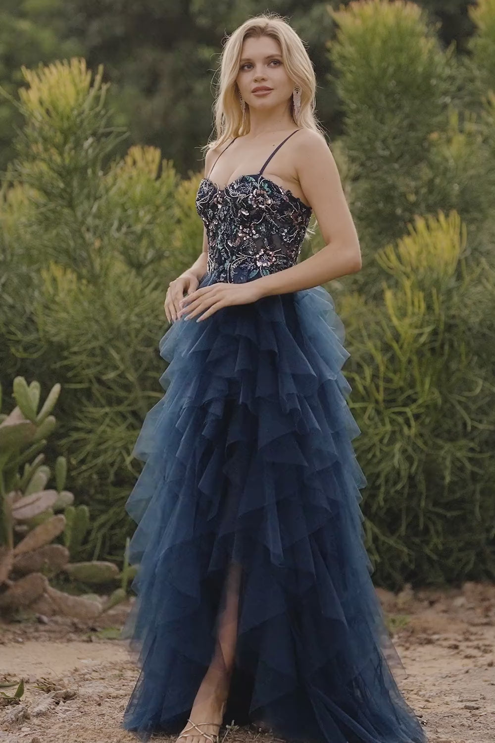 Sparkly Floral Navy Beaded A Line Tiered Long Prom Dress with Slit