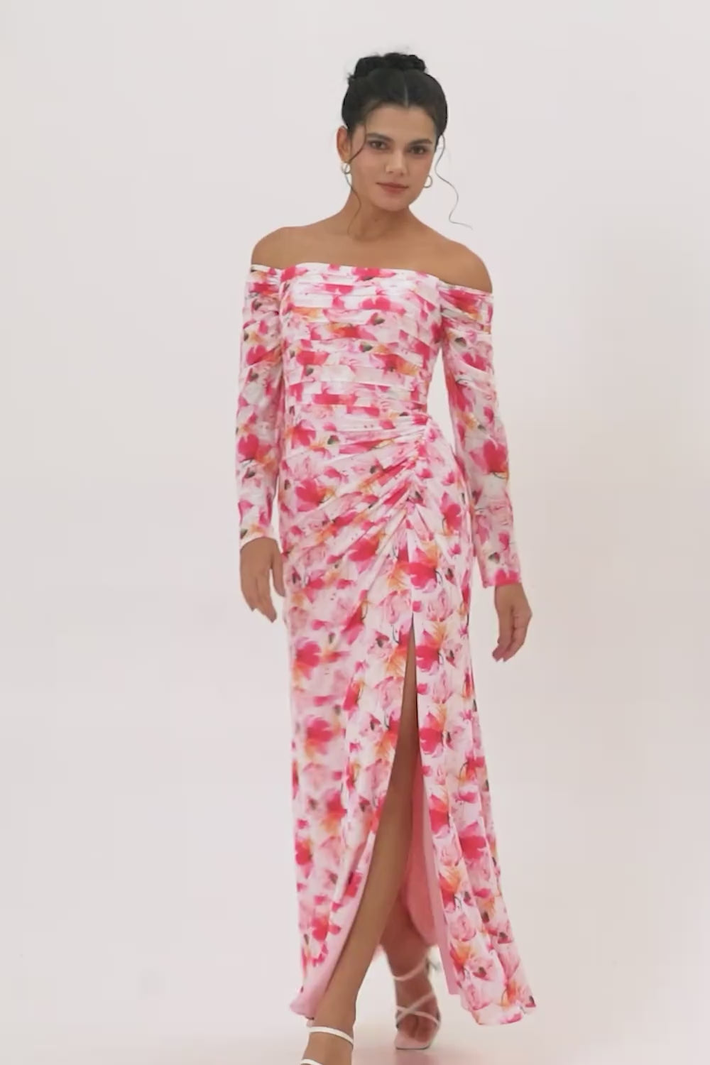 Pink Ruched Floral Long Sleeves Bridesmaid Dress with Slit