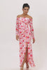 Pink Ruched Floral Long Sleeves Bridesmaid Dress with Slit