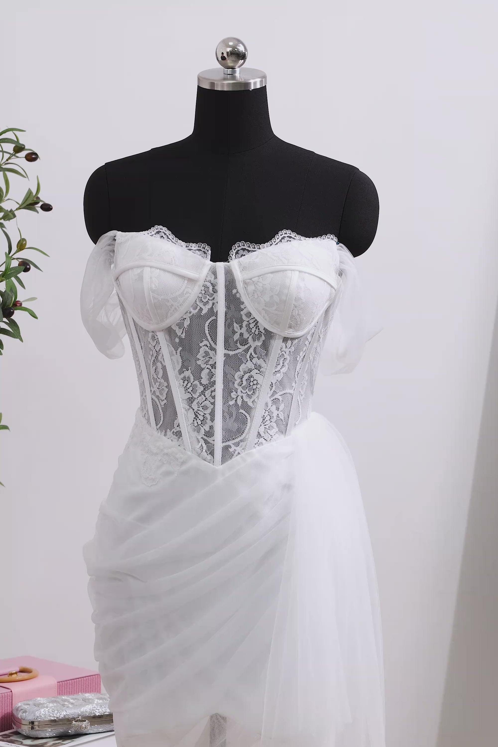 Off the Shoulder Ruched Ivory Corset Short Wedding Dress with Ruffles