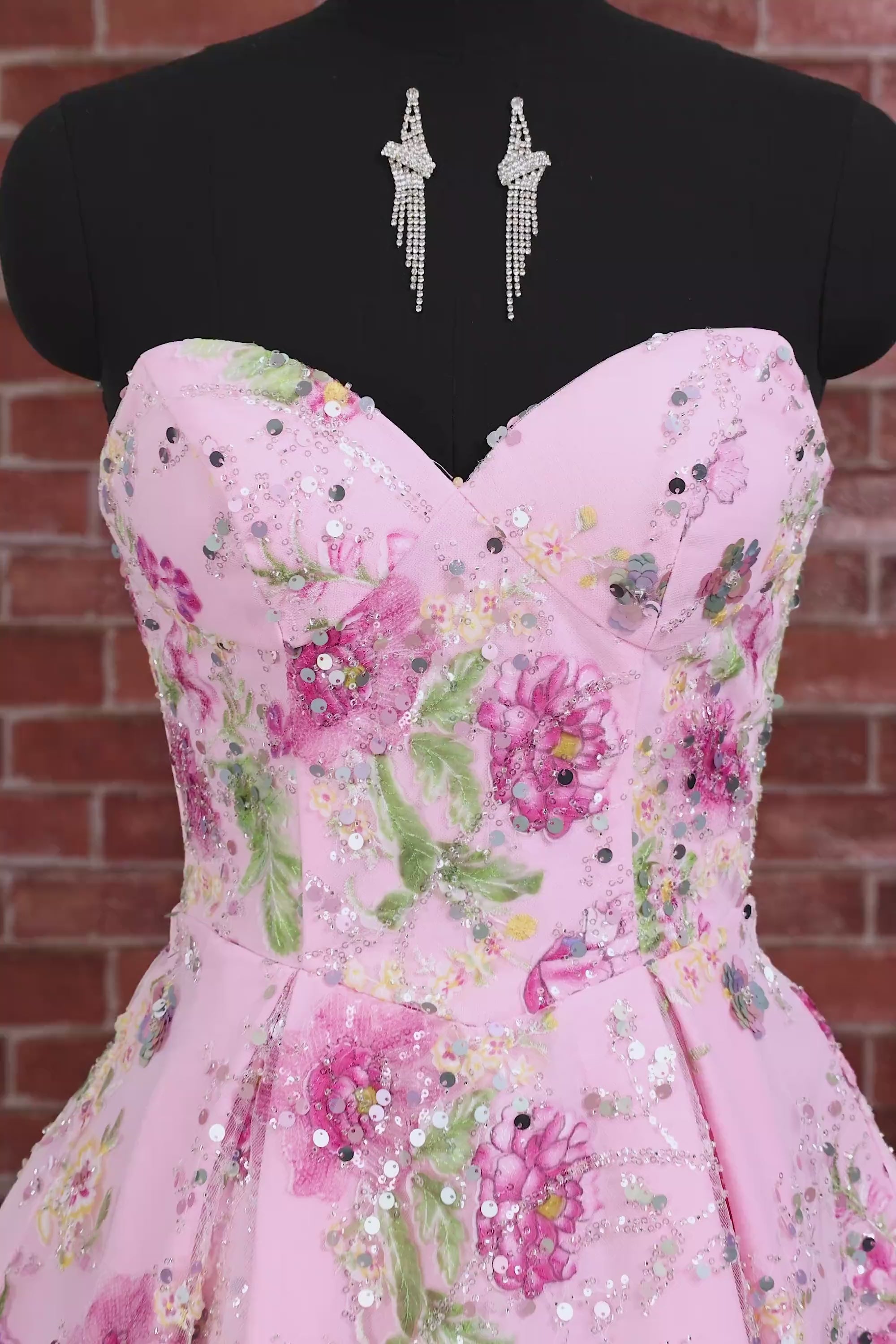 Sparkly Pink Floral Beaded A Line Short Strapless Homecoming Dress