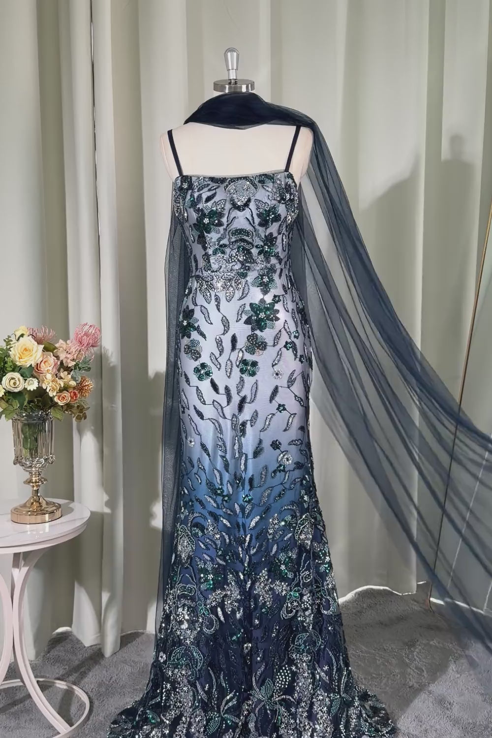 Spaghetti Straps Sparkly Navy Long Floral Beaded Prom Dress with Shawl
