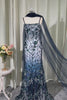 Spaghetti Straps Sparkly Navy Long Floral Beaded Prom Dress with Shawl
