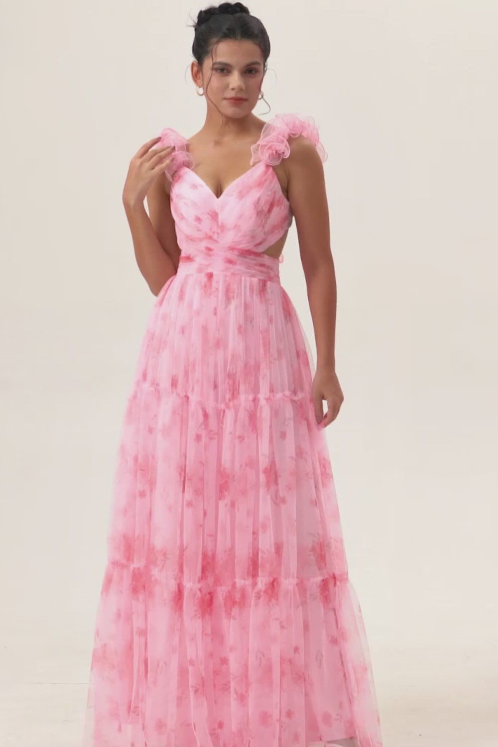 Blush Floral V-Neck Chiffon Long Wedding Guest Dress