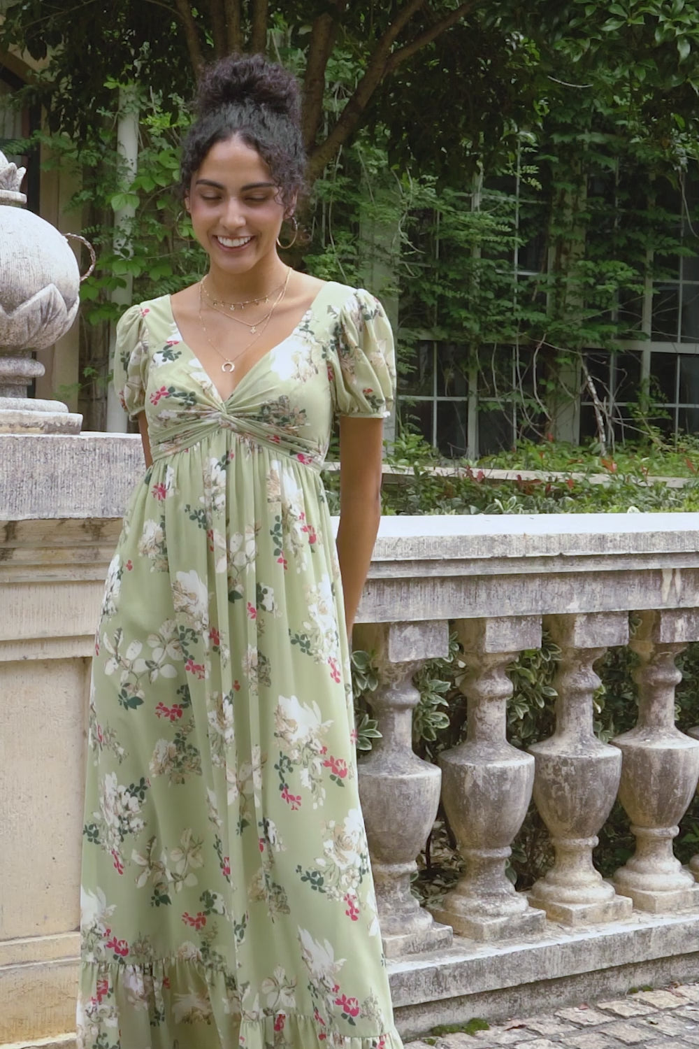 Green Flower A Line V Neck Tea Length Wedding Guest Dress with Short Sleeves