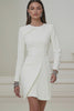 Ivory Pencil Pleated Round Neck Short Work Dress with Sleeves