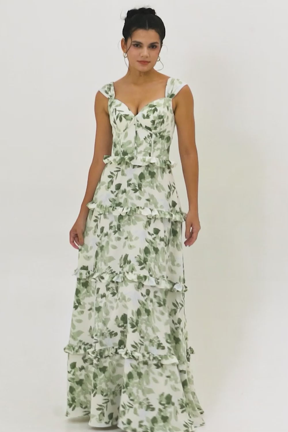 Green Floral Corset Satin Long Wedding Guest Dress with Ruffles