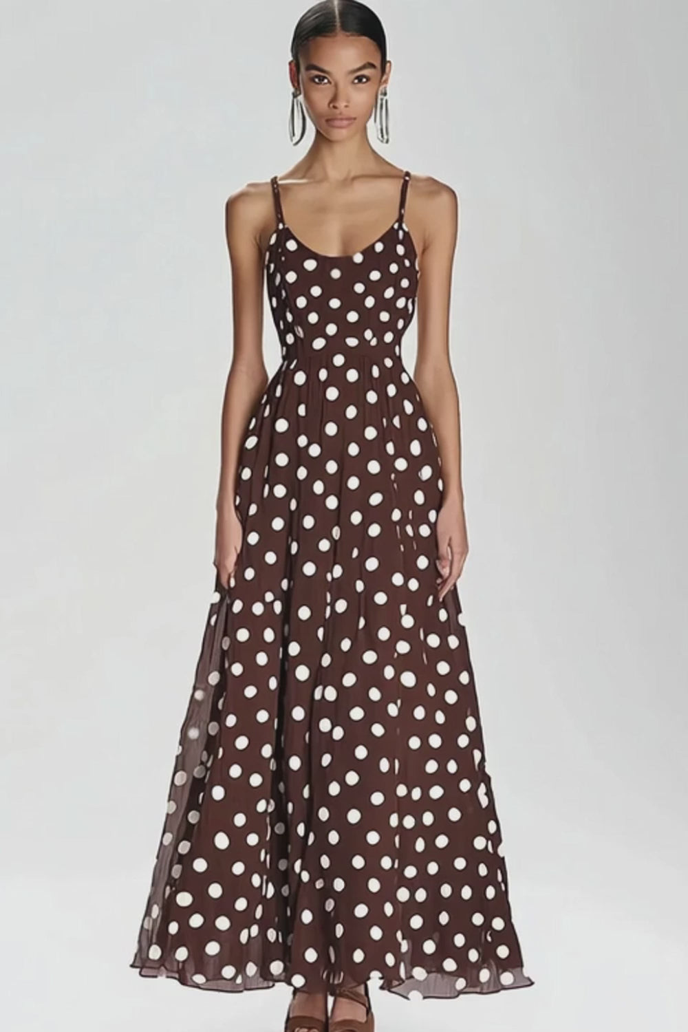 Coffee and White Spaghetti Straps A Line Boho Maxi Chiffon Polka Dot Dress