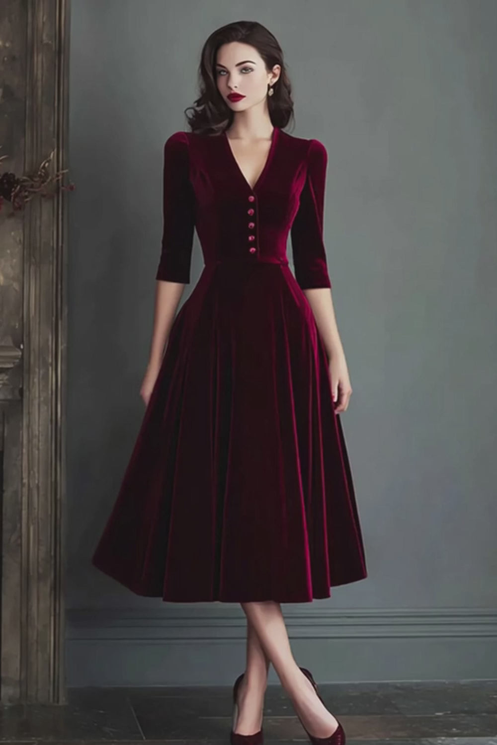 Burgundy V-Neck A Line Midi Velvet Holiday Party Dress