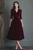Burgundy V-Neck A Line Midi Velvet Holiday Party Dress