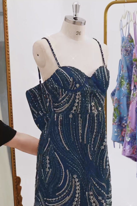 Beaded Thick Straps Sparkly Navy Short Cocktail Dress