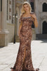 Brown Leopard Print Mermaid Beaded Satin Long Prom Dress with Bows