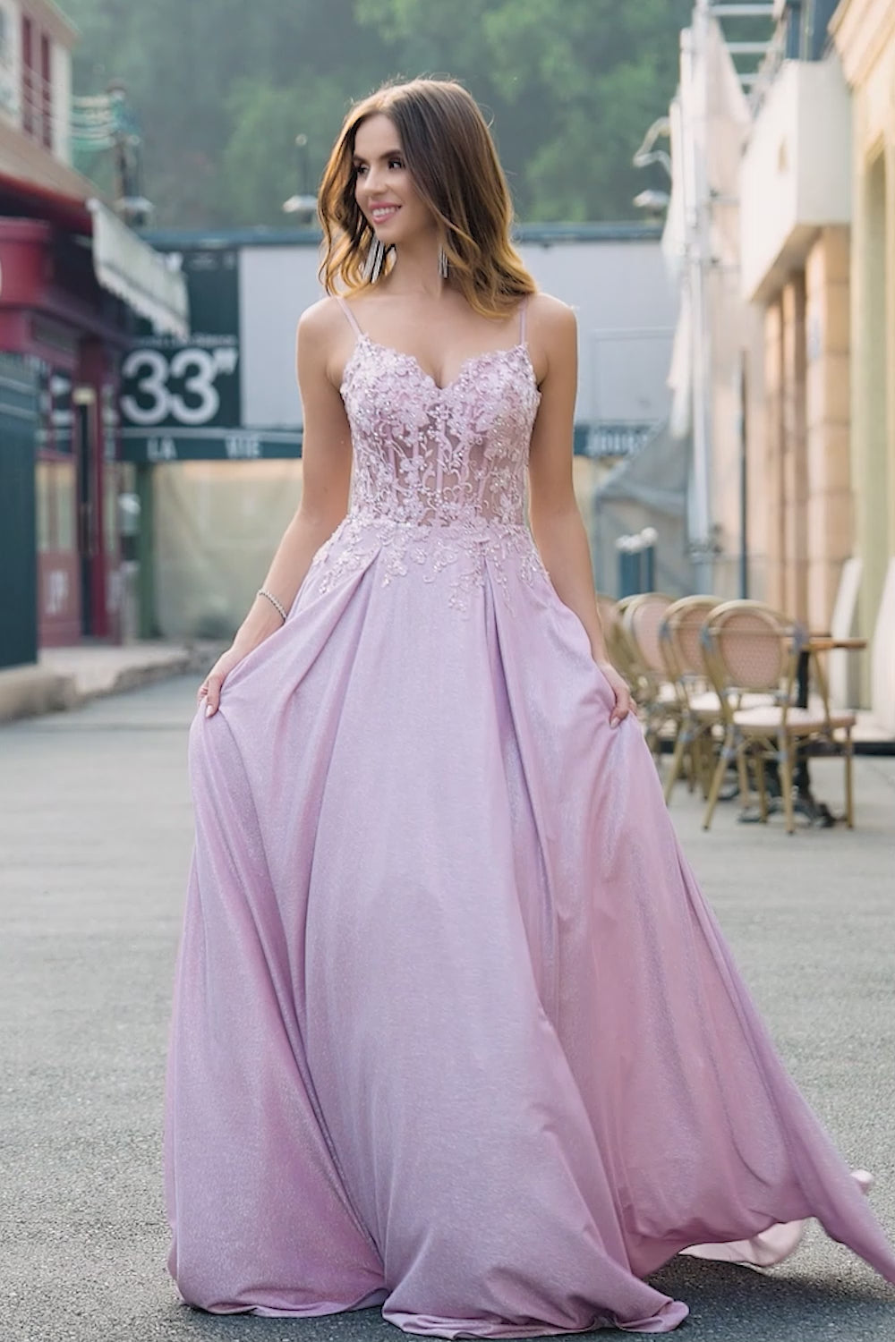 Glitter Spaghetti Straps Blush Prom Dress with Beading