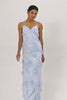Blue Floral Spaghetti Straps Chiffon Long Wedding Guest Dress with Ruffles