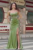 Green Mermaid Appliqued Spaghetti Straps Corset Long Prom Dress with Slit