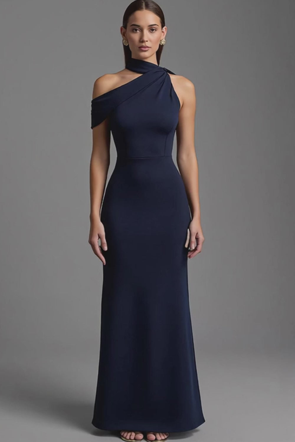 Navy Satin Sheath Asymmetrical Neck Long Formal Dress