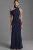 Navy Satin Sheath Asymmetrical Neck Long Formal Dress