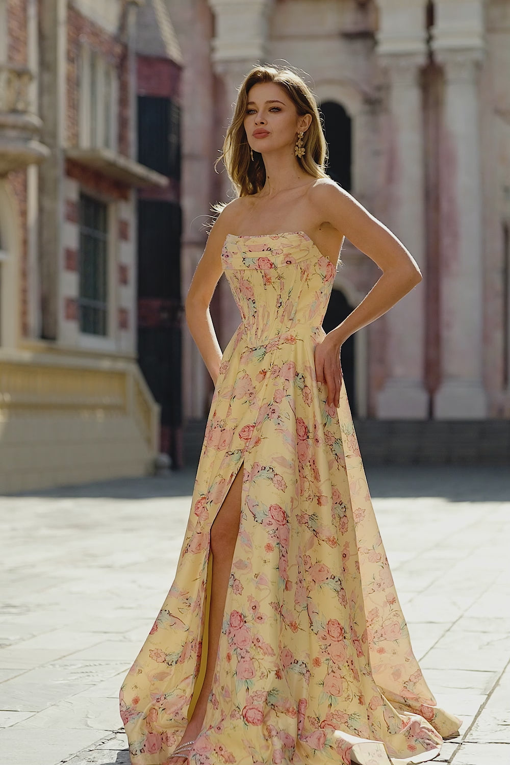 Floral Yellow and Pink A Line Strapless Long Corset Prom Dress with Slit