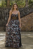 Black Floral Strapless A-Line Long Corset Prom Dress
