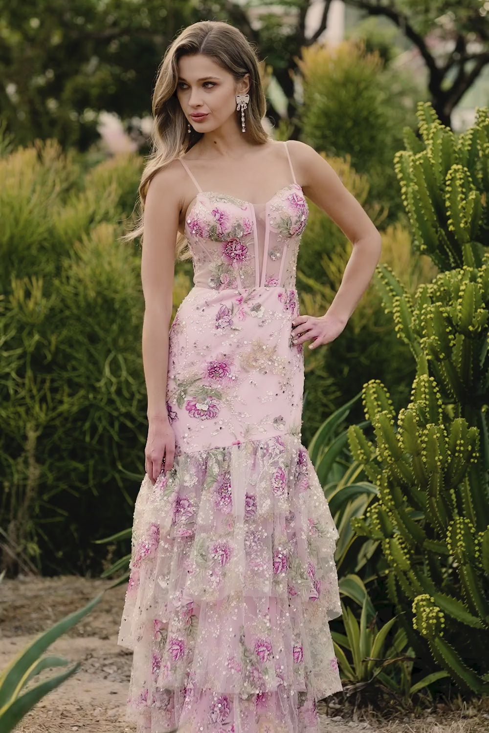 Sparkly Pink Floral Mermaid Beaded Long Corset Prom Dress with Ruffles