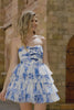 White and Blue Floral Ruffled Sweetheart Short Homecoming Dress with Bows