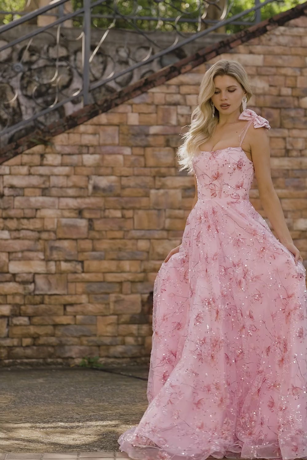 Sparkly Pink Floral Sequin Spaghetti Straps Long Prom Dress with Bows