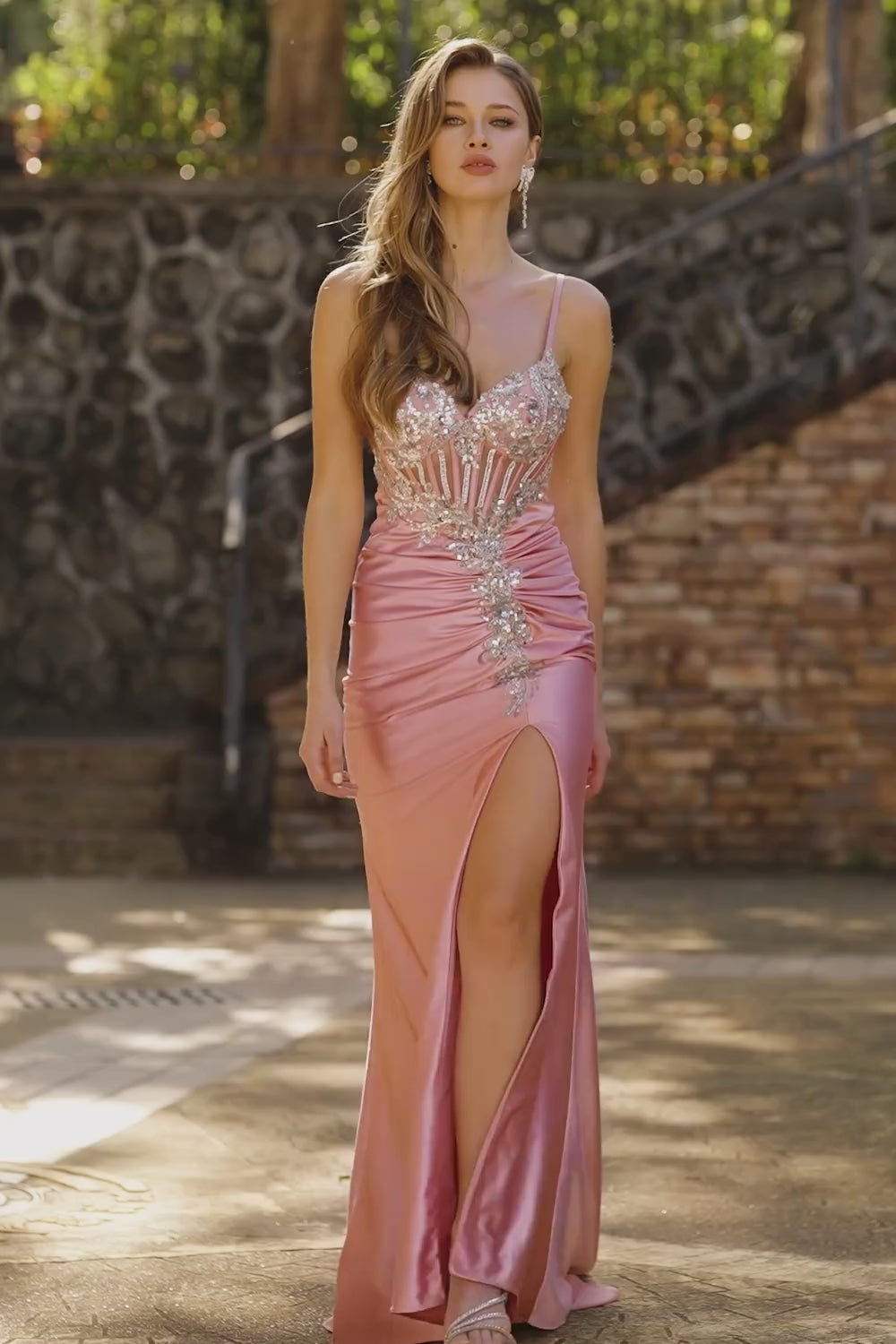 Sparkly Blush Mermaid Ruched Long Corset Prom Dress with Slit