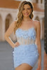 Sparkly Blue Tight Floral Corset Short Homecoming Dress with Sequins