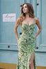 Olive Mermaid Floral Print Spaghetti Straps Long Prom Dress With Slit