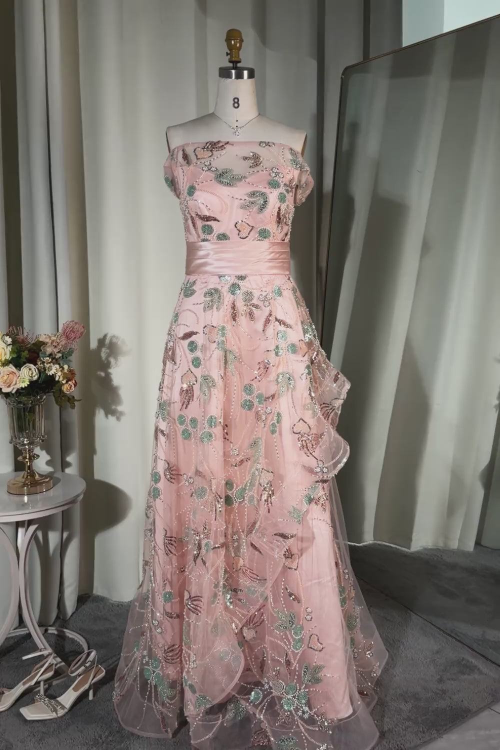 Blush Long A Line Floral Mother of the Bride Dress with Ruffles