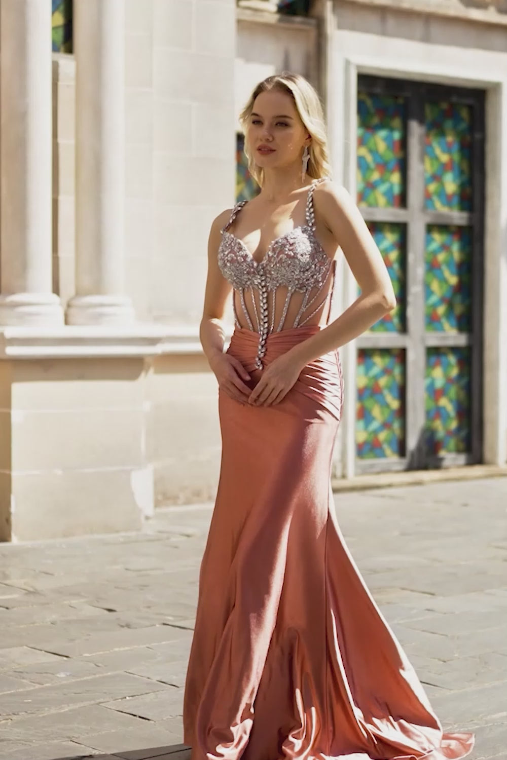 Sparkly Blush Mermaid Satin Long Corset Prom Dress with Beading