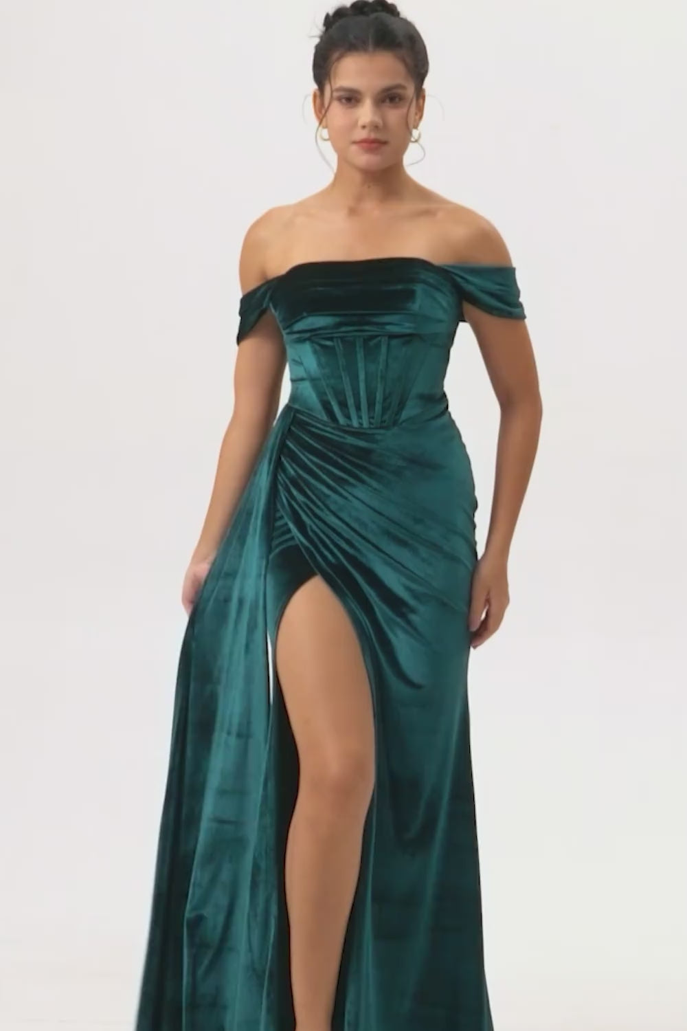 Peacock Green Corset Off the Shoulder Long Velvet Bridesmaid Dress with Slit