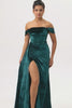 Peacock Green Corset Off the Shoulder Long Velvet Bridesmaid Dress with Slit