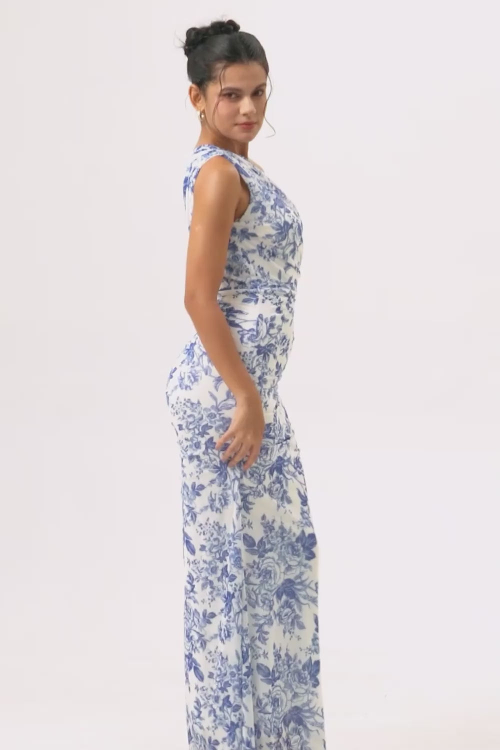 White Blue Floral One Shoulder Long Bridesmaid Dress with Slit