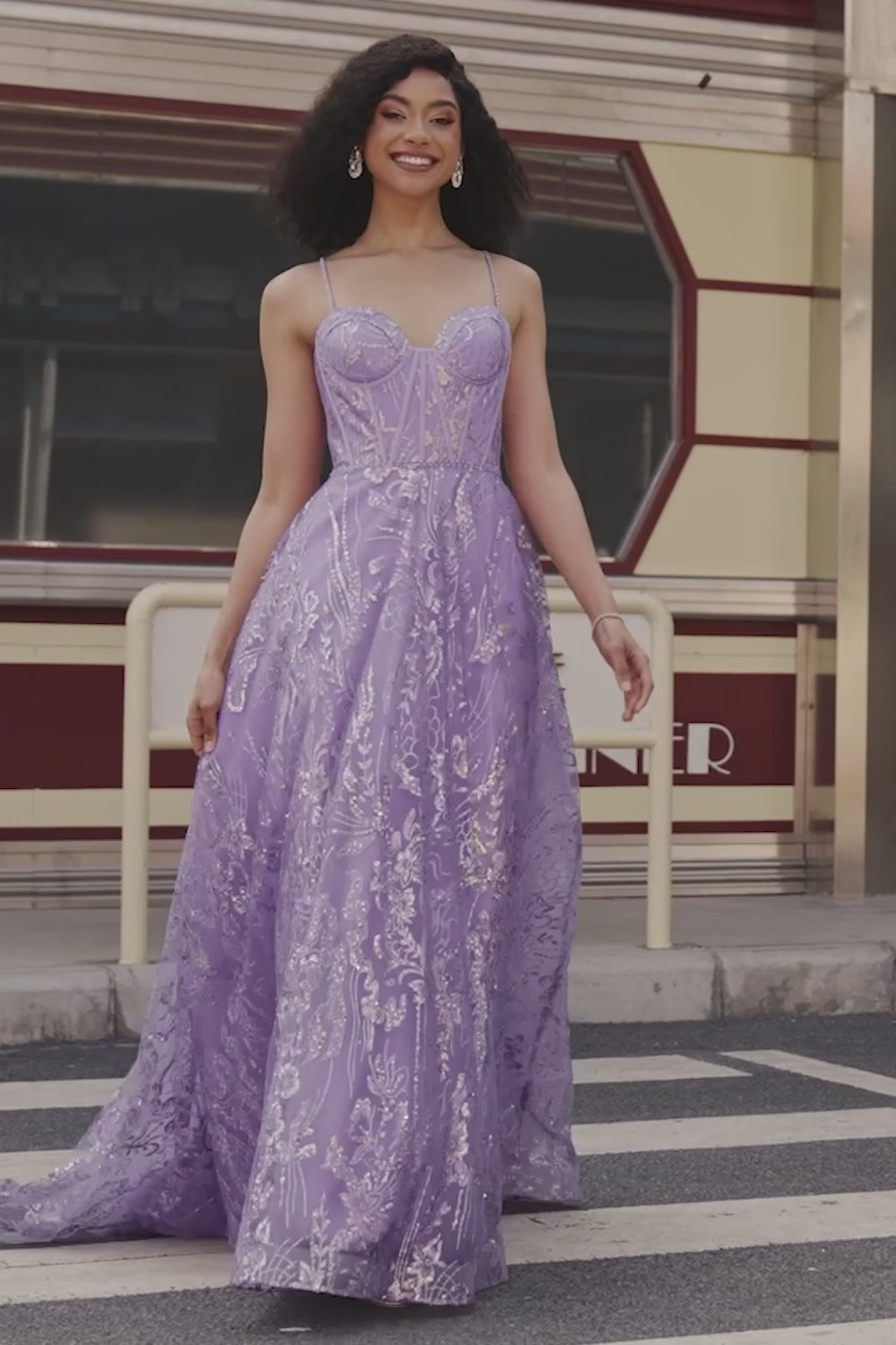 A-Line Spaghetti Straps Lilac Corset Prom Dress with Sequins