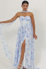 Blue Corset Floral Neck Scarf Long Wedding Guest Dress with Slit