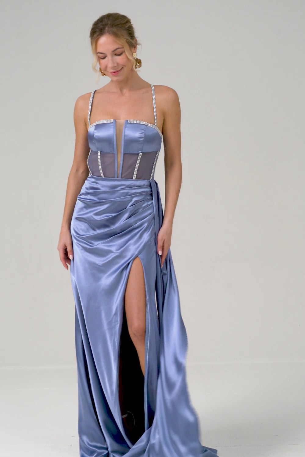 Sparkly Blue Spaghetti Straps Corset Prom Dress with Lace-Up Back