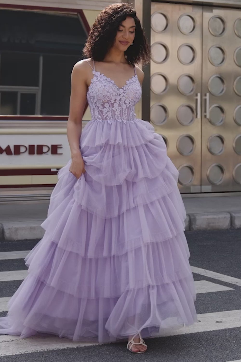 Lilac Tulle Tiered Princess Corset Prom Dress with Appliques